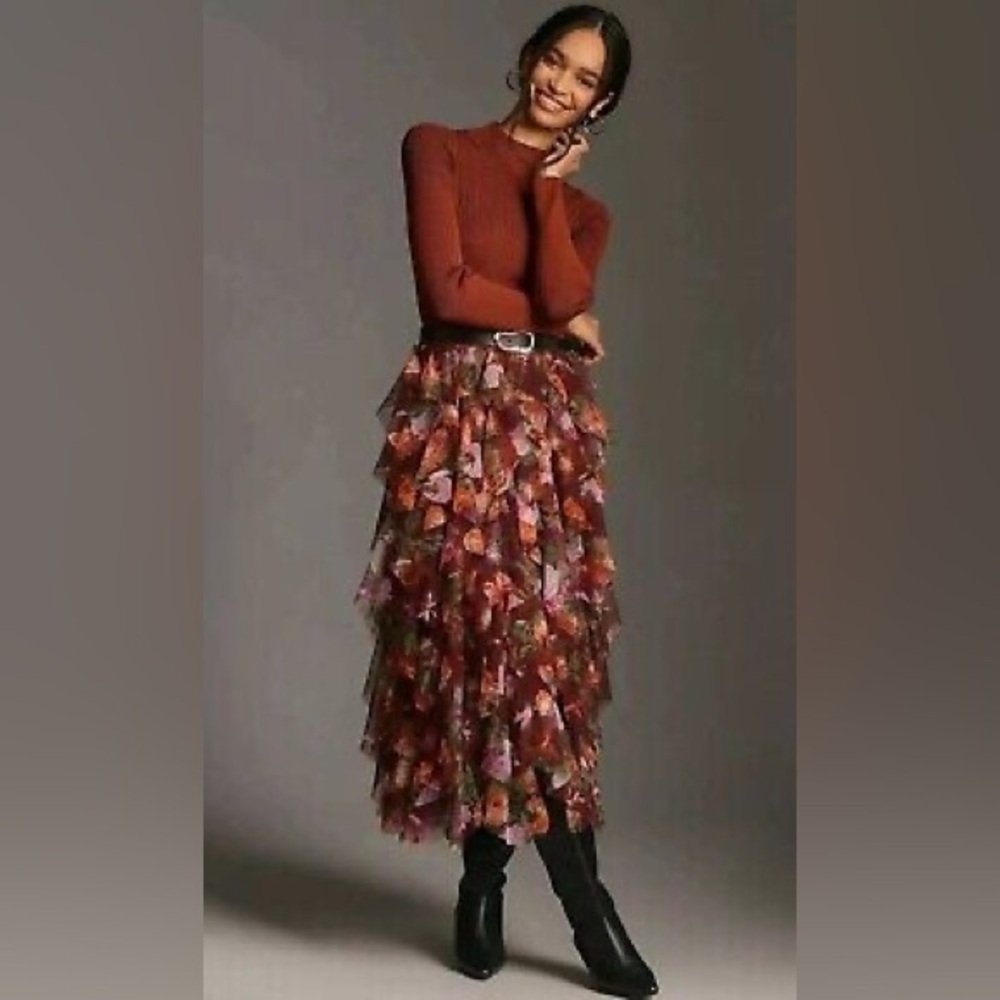 Anthropologie Cherie Ruffle Tulle Skirt New choose Size Small , XL Floral Layere